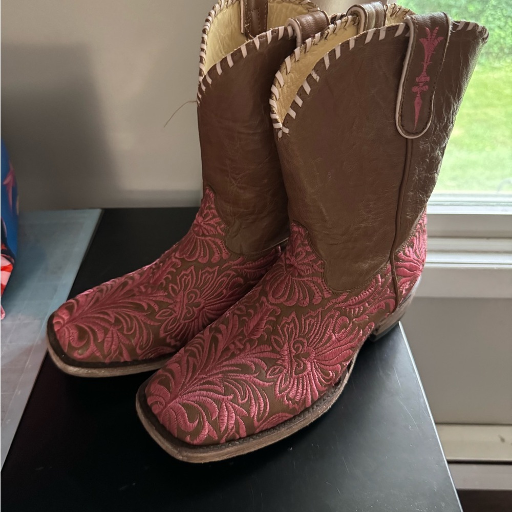 Brown and Pink Embroidered Women's Cowboy Boots from Allen’s Boots TX